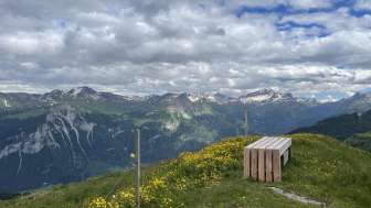 Beobachtungsbank Alp digl Oberst mit Aussicht ins Val Schons